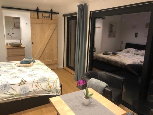 MontLes Tiny House du Mas de Mont的一间卧室配有两张床、一张桌子和一面镜子