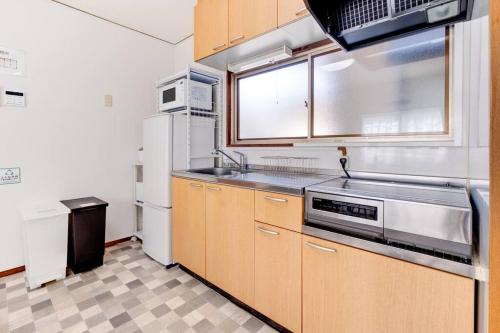 松本Forest Agata的厨房配有木制橱柜、水槽和冰箱。