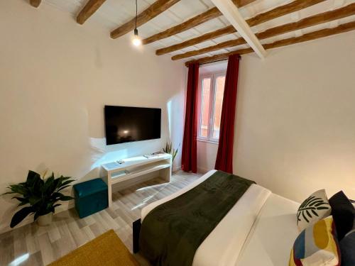 罗马纳沃纳迷人旅馆的一间卧室配有一张床,并在一间客房内配有电视。