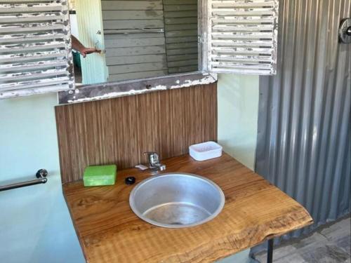 安德伯格Tin Can Glamping Caravan的浴室配有带水槽的木制台面