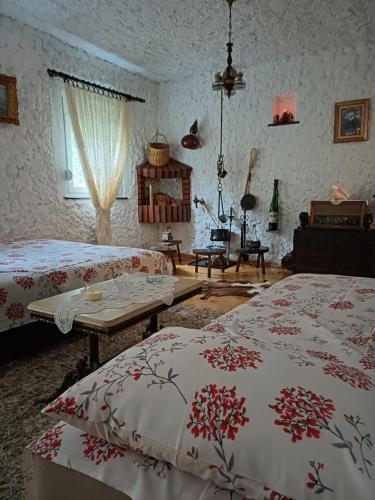威尔帕扎Sailor's Rustic House的一间卧室配有两张床和一张桌子