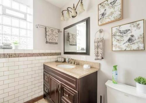 芝加哥The Roscoe Village Guesthouse的浴室配有盥洗盆、镜子和浴缸