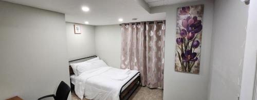 温尼伯New Stylish 2-Bedroom Basement Suite的一间医院房间,里面设有一张床,墙上挂着一幅画