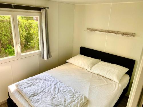 TynaarloMobilheim Zuidlaren的卧室内的一张床位,设有两个窗户
