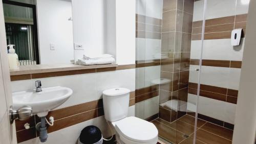 波帕扬Hotel Monarka-Edificio的一间带卫生间和水槽的浴室