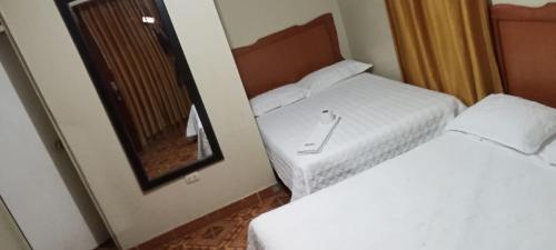 阿亚库乔HOSPEDAJE BUENA VISTA的配有镜子的酒店客房内的两张床