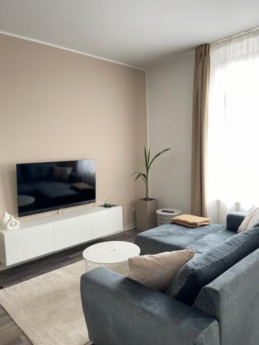 阿尔滕堡Moderne und stilvolle Wohnung direkt am Teich的带沙发和电视的客厅