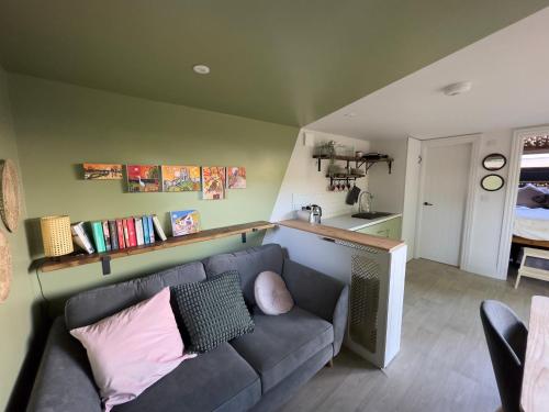 布兰德福德福鲁姆The Snug: Dorset hideaway的带沙发的客厅和厨房