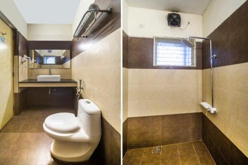 钦奈Blossoms Hotel & Service Apartments的浴室设有卫生间和淋浴,两幅图片