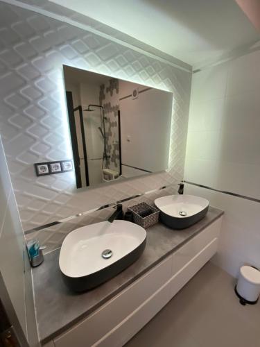 霍德梅泽瓦沙海伊Janka11 Apartman的一间带两个盥洗盆和大镜子的浴室