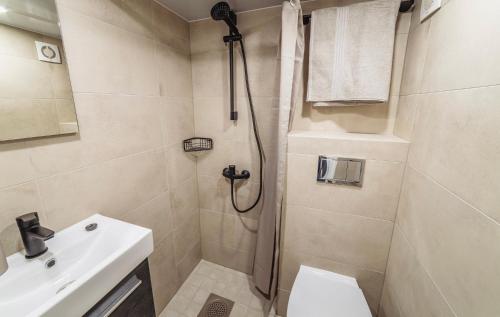 塔林City Apartments的带淋浴、卫生间和盥洗盆的浴室