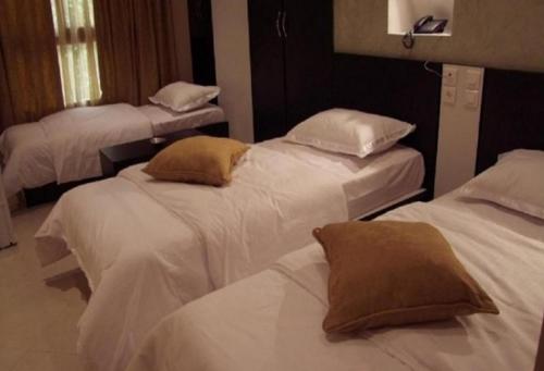 阿尔及尔DAR EL IKRAM HOTEL的配有白色床单和枕头的三张床