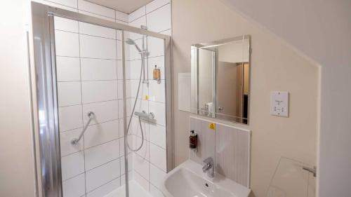 塔比特塔伯特酒店的带淋浴和盥洗盆的白色浴室