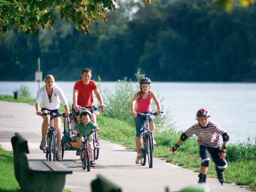 谢尔丁谢尔丁城市酒店的一群人骑着自行车沿着湖边的小径骑行
