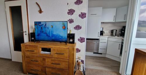 阿尔特瑙Brockenblick的厨房里木梳妆台顶部的电视机