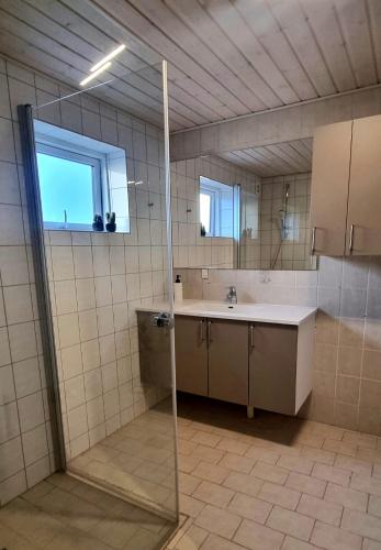 RødekroAnnes Hus的带淋浴、盥洗盆和镜子的浴室