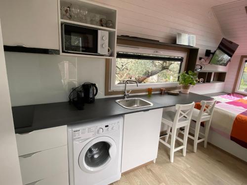 阿尔勒Tiny house en pleine campagne的一间小房子里的厨房,配有洗衣机