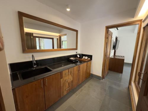加尔加Saraca Resort & Spa Corbett的一间带水槽和镜子的浴室
