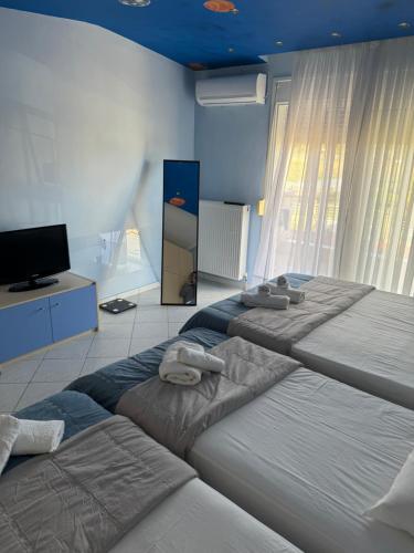 弗洛伊塔Villa nea Flogita 90m from the sea的一间卧室配有两张床和一台平面电视