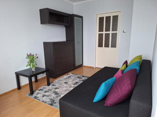 什切青Turkusowa Apartament的客厅配有带色彩缤纷枕头的黑色沙发