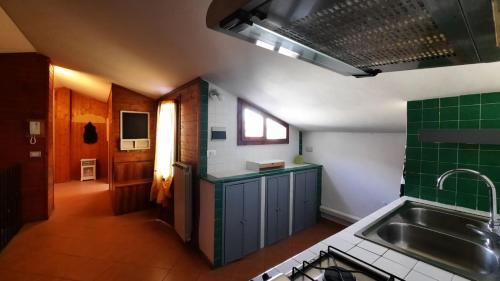 菲利内瓦尔达诺La Mansarda的厨房配有带绿色瓷砖的柜台和水槽