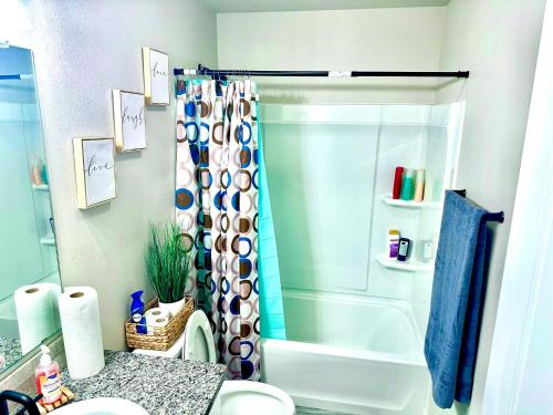 拉伯克3bed/2bath cozy spacious place的带淋浴帘和卫生间的浴室