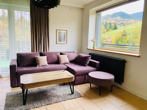 科尔别卢夫Villa Makuchówka的客厅里设有紫色沙发,配有窗户