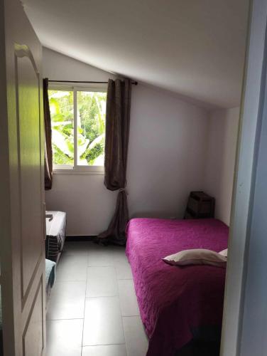 圣罗斯Clos du Soleil Levant的一间小卧室,配有紫色的床和窗户