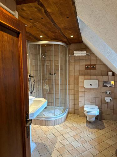 布拉格拉卡罗曼提克酒店的带淋浴、浴缸和卫生间的浴室