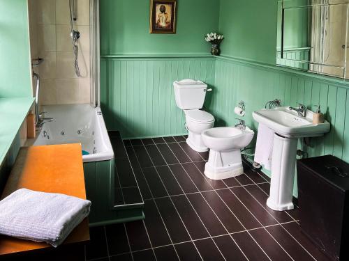 EllandNew Hall, Elland的绿色浴室设有2个卫生间和水槽