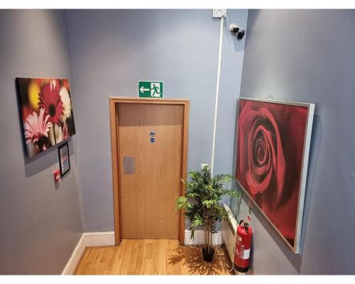 伦敦F405-Comfy Studio for 1 near Hyde Park的走廊上设有木门,墙上挂有绘画作品