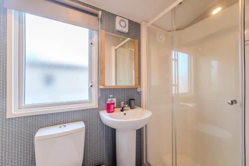 佩文西30 Bayside Cove Pevensey Bay Holiday Park的浴室配有卫生间、盥洗盆和淋浴。