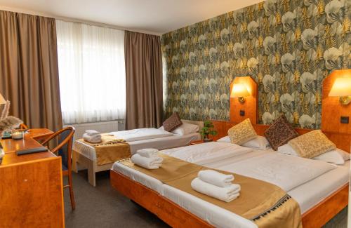 美因河畔法兰克福俄罗斯酒店的酒店客房配有两张床和一张书桌