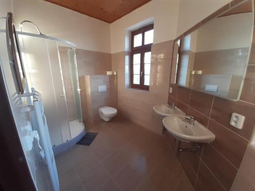 特普利采Penzion hrad Doubravka的一间带两个盥洗盆、淋浴和卫生间的浴室