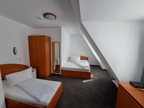 比卡兹Hotel Pescarus Port Bicaz的一间小卧室,配有两张床和镜子