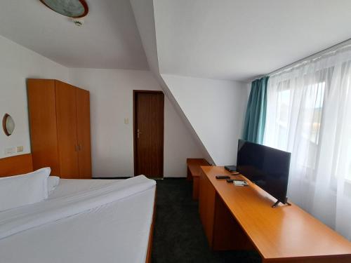 比卡兹Hotel Pescarus Port Bicaz的一间卧室配有一张床和一张书桌及电视