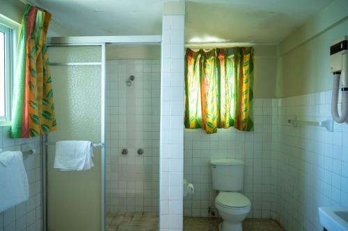 蒙特哥贝Ocean View King Room at Sahara Hotel的一间带卫生间和淋浴的浴室以及窗户。
