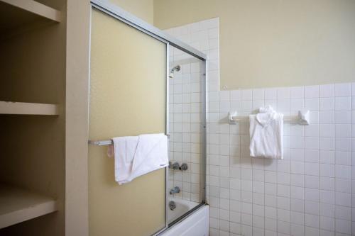 蒙特哥贝Ocean Front Triple Room at Sahara Hotel的带淋浴和白色毛巾的浴室