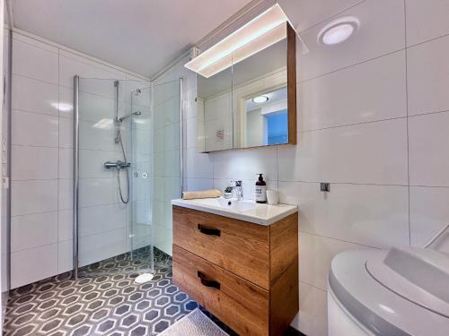 莱克内斯Leknes Airport Apartment的一间带水槽、淋浴和卫生间的浴室