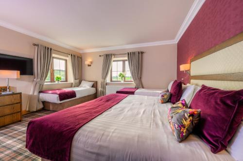纽里弗拉格斯塔夫酒店的酒店客房设有一张大床和两个窗户。