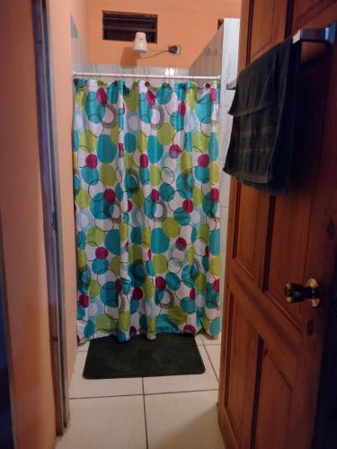 ArimaTessa's Inn的浴室里配有带色彩缤纷的淋浴帘的淋浴