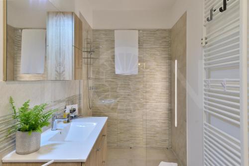 奥斯塔Le Lion Apartments - Lys Family Apartment的一间带水槽和淋浴的浴室