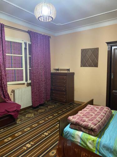 Ben ʼAknoûnRue Mohamed khoudi El Biar的一间卧室配有一张床、梳妆台和紫色窗帘
