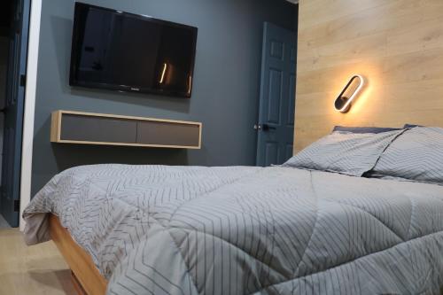 瓦努科Terraza house的一间卧室配有一张床和一台平面电视