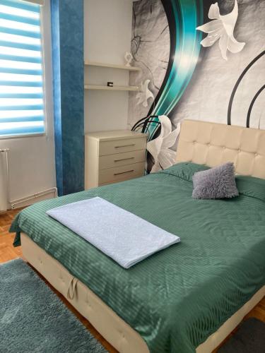 新瓦罗什Apartman Aleksandar的卧室配有一张绿色床,墙上设有镜子