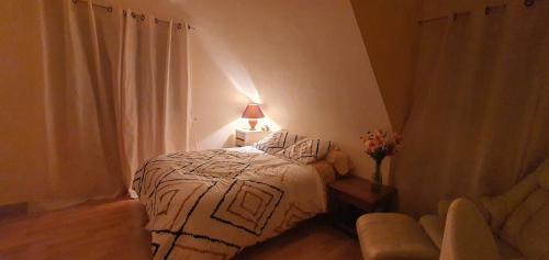 圣布里厄Beaux Rêves à Saint-Michel的一间小卧室,配有一张床和一把椅子