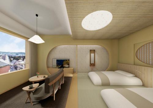 高山本阵平野福楼酒店的一间卧室配有一张床、一张书桌和一个窗户。