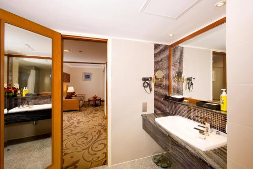 西安西安大景城堡酒店的一间带水槽的浴室和一间卧室