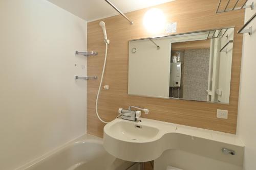 千岁JR Mobile Inn Chitose的浴室配有盥洗盆、镜子和浴缸