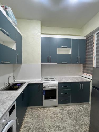杜尚别Dom Shohon的厨房配有蓝色橱柜和炉灶烤箱。